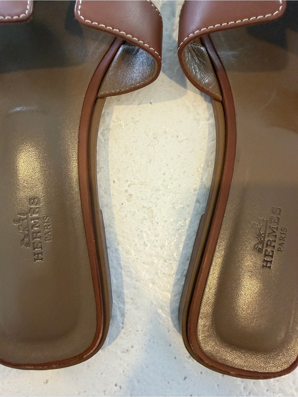 Authentic Hermes Oran Brown Leather 'H' Slide Sandals - Picture 2 of 4